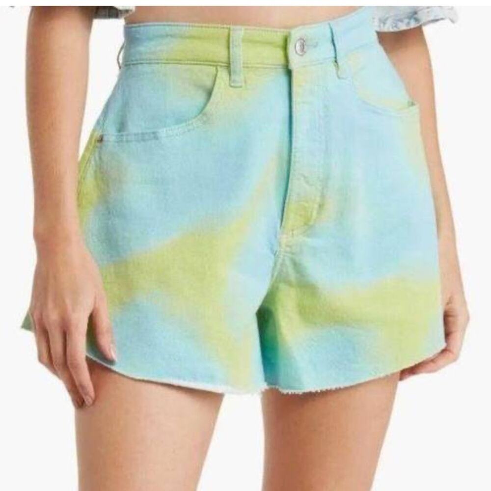 We Wore What NWT Stretch Tie Dye Twill Denim Flare Bell Short. High Waist.